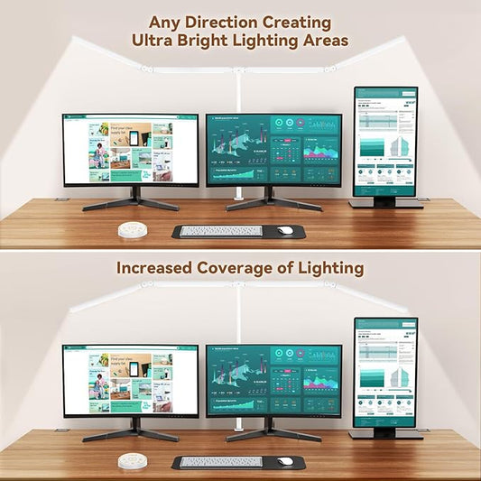 Led Desk Lamp with Clamp: Architect Desk Lamp for Home Office, Eye Caring Double Head Computer Monitor Gooseneck Desk Light with Remote Control - 24W Flexible Dimmable Desktop Table Lamp White