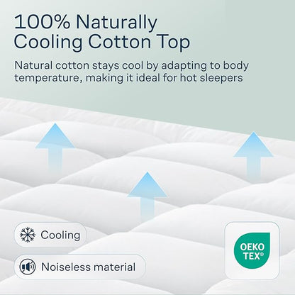 Cloud-Like Full Size Mattress Topper - 100% Cotton Top Mattress Pad for Back Pain Relief - Breathable & Naturally Cooling for Hot Sleepers, White