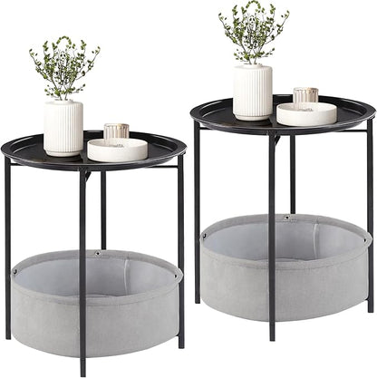 VECELO Round Side/End Table with Fabric Storage Basket，Metal Anti-Rust and Waterproof Small Bedside Nightstand with Removable Tray Top for Living Room，Balcony & Laundry，Black /2pcs with Basket