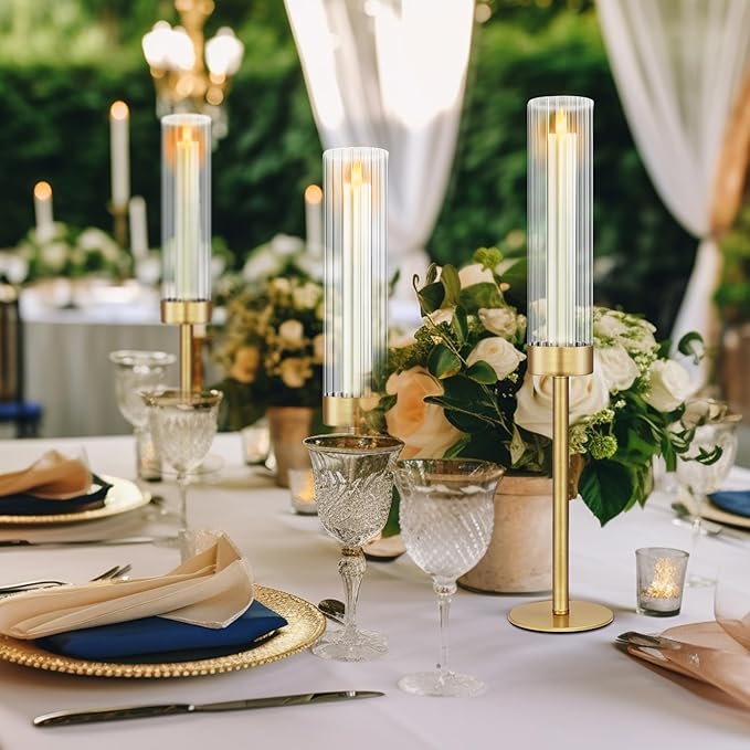 Glass Hurricane Candlestick Holders Gold, KSWING Set of 3 Taper Candle Holders Brass Tall Clear Candle Stand Holders, Perfect for Table Centerpiece Party Wedding Christmas Home Decor