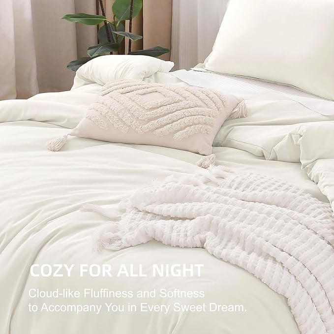 Litanika Comforters Ivory Oversized Queen Size, 3 Pieces Lightweight Solid Bedding Comforter Set, All Season Fluffy Bed Set (98x98In Comforter & 2 Pillowcases)