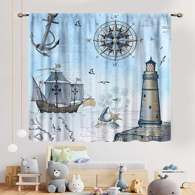 Nautical Curtains, Vintage Marine Coastal Sailboat Compass Anchor Ocean Beach Lighthouse Watercolor Blue Decorative Drapes for Bedroom Living Room Kitchen Bathroom Window 2 Panels Set, 42"x45" Inch