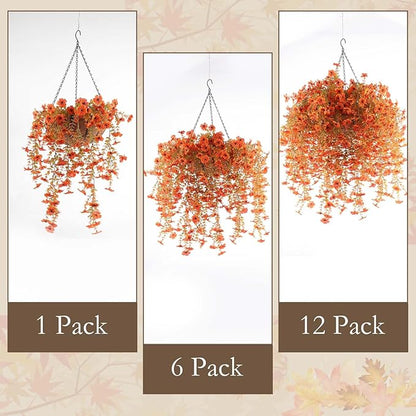 12 Pcs Artificial Hanging Mums Flowers Outdoor, Orange UV Resistant Fake Hanging Fall Plants for Outdoor Planter Patio Front Door Window Autumn Decoration (12, Orange)
