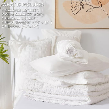 CozyLux Full Size Comforter Sets with Sheets 7 Pieces, White Seersucker Bed in a Bag Textured Luxury Soft Bedding Set with Down Alternative Comforter, Sheets, Pillowcases & Shams for All Seasons
