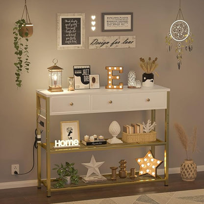 Ecoprsio 47'' Entryway Table with Outlets and USB Ports, Console Table with 3 Drawers, Sofa Table Narrow Long with Storage Shelves for Living Room, Couch, Hallway, Foyer, White and Golden