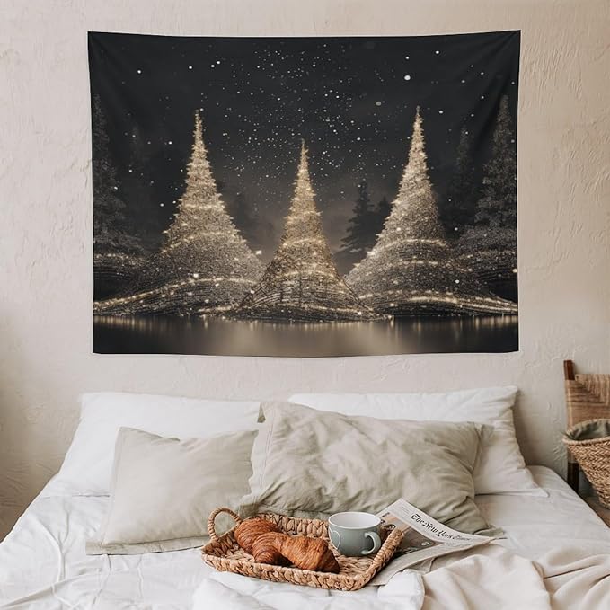 MaSiledy Tapestry Silver Lighted Christmas Trees Aesthetic Bedroom Tapestries Hello Winter Holiday Tapestry As Wall Art Wall Hanging Decor Tapestry for Bedroom Aesthetic Alt Room Landscape 30"x40"