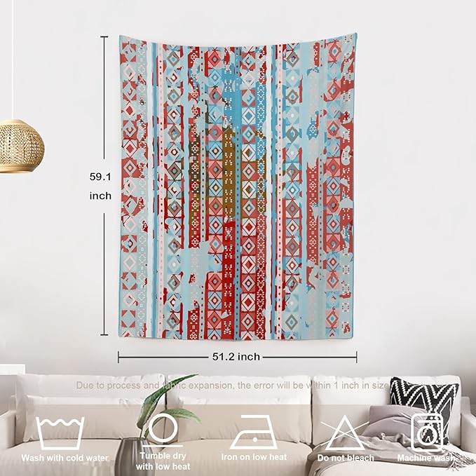 Batmerry Blue Grey Boho Garbage Tapestry, Red Wall Art Hanging Decoration Polyester Fiber White Ruffled Around for Dorm Room Bedroom Living Room, 59.1x51.2 inches