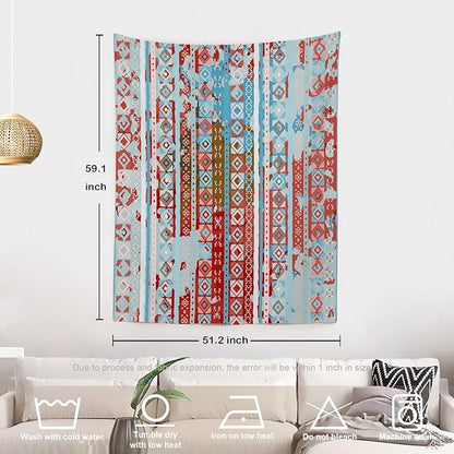 Batmerry Blue Grey Boho Garbage Tapestry, Red Wall Art Hanging Decoration Polyester Fiber White Ruffled Around for Dorm Room Bedroom Living Room, 59.1x51.2 inches