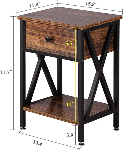 VECELO Nightstands Set of 2, Modern Bedside End Tables, Night Stands with Drawer and Storage Shelf for Living Room Bedroom, Industrial Metal Frame