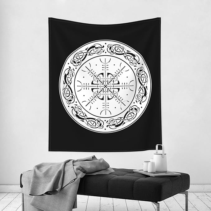 CRJSNYEAG Viking Scandinavian Dragons and Aegishjalmur Home Bedroom Living Room Office Decor Tapestry 60x51in