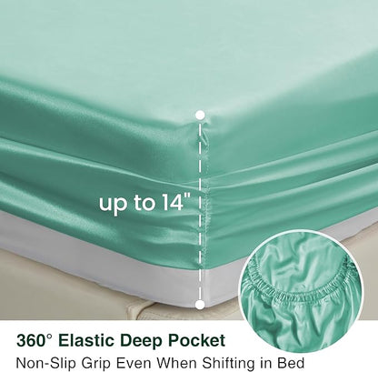 Love's cabin Twin Satin Sheets Sets - 3 Piece Aqua Silky ed Sheets with Deep Pockets, Luxury Silk Feel Satin Twin Size Sheet Set Bedding Set (1 Flat Sheet,1 Fitted Sheet,1 Pillow case)