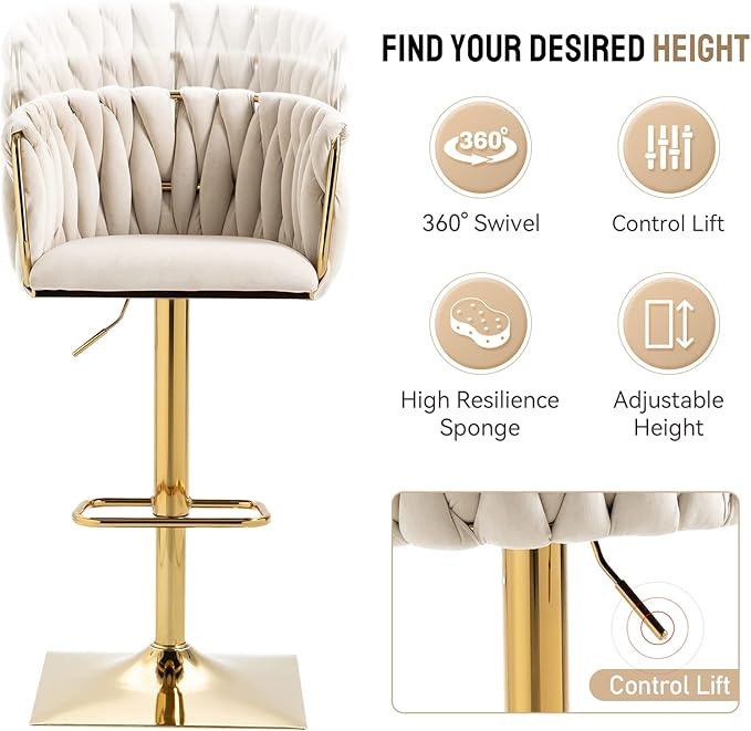 NIOIIKIT Bar Stool Set of 2, Velvet Upholstered Swivel Barstool, Counter Height Chair with Hand Woven Backrest, Dining Barstool with Footrest, Bar Chair for Kitchen Island, Pub (Ivory)