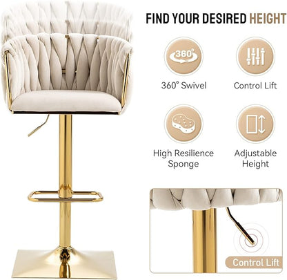 NIOIIKIT Bar Stool Set of 2, Velvet Upholstered Swivel Barstool, Counter Height Chair with Hand Woven Backrest, Dining Barstool with Footrest, Bar Chair for Kitchen Island, Pub (Ivory)