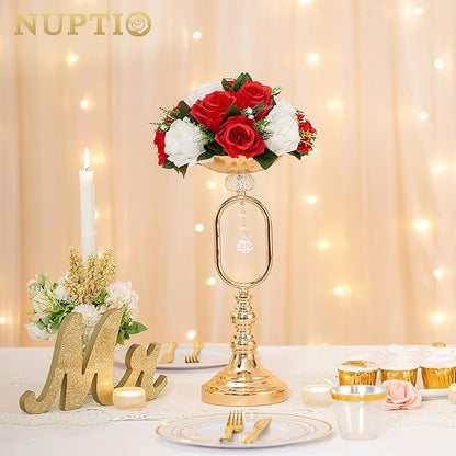 NUPTIO Pcs of 2 Fake Flower Ball Arrangement Bouquet,15 Heads Plastic Roses with Base, Suitable for Our Store's Wedding Centerpiece Flower Rack for Parties Valentine's Day Home Décor (Red & White)