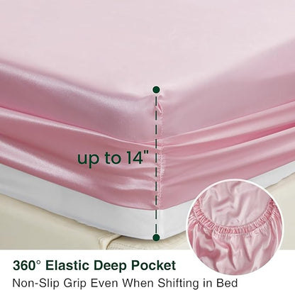 Love's cabin 4Piece California King Satin Bed Linen Set, Pink Silky Satin Sheets, Deep Pocket, Luxury Silk Feel, 1 Flat, 1 Fitted Sheet, 2 Pillow Cases