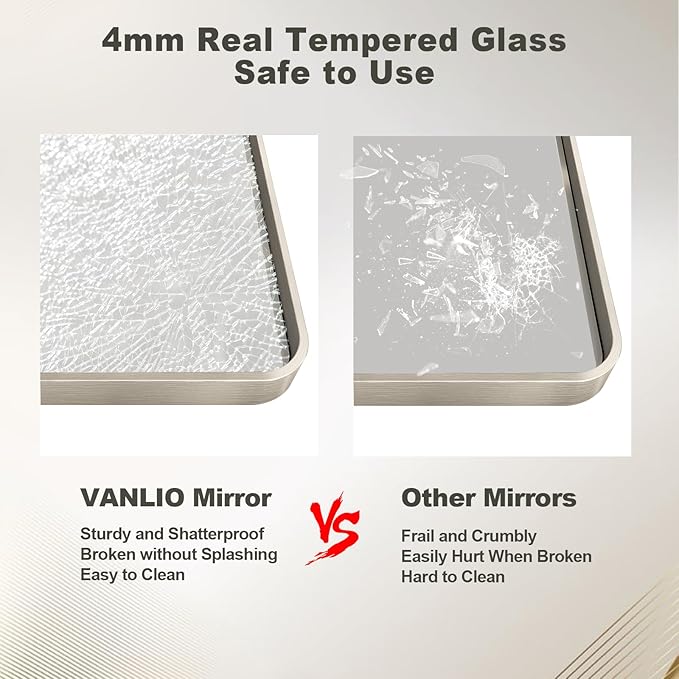28x36 Inch Brushed Nickel Bathroom Mirror, Brushed Silver Metal Framed Wall Mirror, Rounded Rectangle Bathroom Vanity Mirror, Anti-Rust, Shatterproof (Horizontal/Vertical)