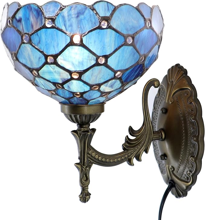 Tiffany Sconce Lamp Stained Glass Wall Lamp,8X10.5X11 Inch Plug in Wall Bedside Light for Hallway Bedroom (Blue Beads)