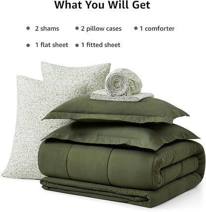 Monbix Queen Comforter Set - 7 Pieces Olive Green Bed in a Bag Queen Track Stitching Bedding Sets, All Seasons Down Alternative Comforter Bed Set with Sheets,Pillowcases & Shams