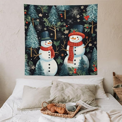 Snowman Couple Tapastry's Wall Hanging Christmas Winter Snowman Wall Hanging Wall Tapestry Aesthetic Landscape Tapestry Wall Hanging for Living Room Dorm 60"x60" Christmas Family Party