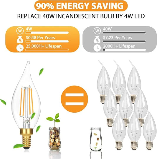 GoBright Dimmable E12 LED Candelabra Bulbs 40W Equivalent, 460LM Soft Warm White 2700K Candle Light Bulbs with Vintage Flame Tip, 4W CA10 Clear Glass LED Bulbs for Chandelier, Pendant, 6-Pack