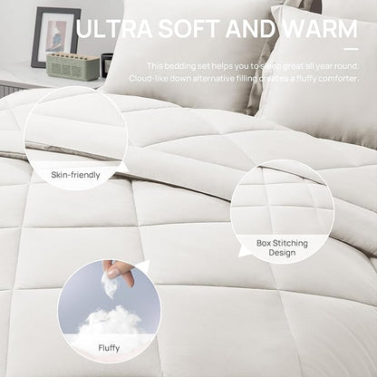 Love's cabin King Size Comforter Set Off White, 7 Pieces King Bed in a Bag, All Season Bedding Sets with 1 Comforter, 1 Flat Sheet, 1 Fitted Sheet, 2 Pillowcase and 2 Pillow Sham