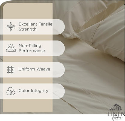 Linen Home 100% Cotton Percale Sheets Queen Size, Light Taupe, Deep Pocket, 4 Pieces Set - 1 Flat, 1 Deep Pocket Fitted Sheet and 2 Pillowcases, Crisp Cool and Strong Bed Linen