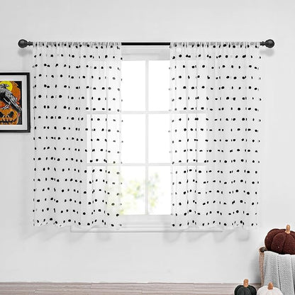 MYSKY HOME Black Pom Pom Curtains Halloween Nursery Curtains for Girls Bedroom 63 Inch Length Long Window White Sheer Curtains for Kids Room Rod Pocket Farmhouse Window Drapes 2 Sets 52" x 63"