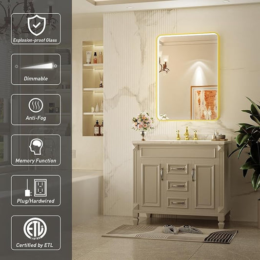 20X28 Inch Framed LED Lighted Bathroom Mirror,Wall Mounted Gold Metal Vanity Mirrors with Lights,Dimmable Illuminated Anti-Fog Mirror(Horizontal/Vertical)