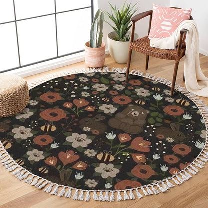 Round Rugs Bear Forest Bunny Rabbit Furry Animals Watercolor Flowers Scandinavian Boho Area Rug Linen and Cotton Carpet Meditation Rug Washable Hallway Runner Mat Accent Rug for Bedroom Bathroom 4ft