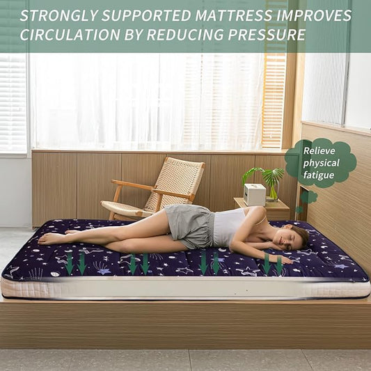 MAXYOYO Futon Mattress, Navy Star Japanese Floor Mattress Portable Quilted Bed Mattress, Extra Thick Folding Sleeping Pad Breathable Floor Lounger Guest Bed for Camping Couch, Full