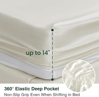 Love's cabin California King Satin Sheet Sets - 4 Piece Ivory Silky Sheets Bed Set with Deep Pocket, Luxury Silk Feel Satin Cal King Sheet Set (1 Flat Sheet,1 Fitted Sheet,2 Pillow Cases)