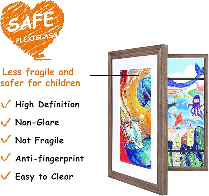 KINLINK A4 Kids Art Frames Set of 2, Solid Wood Kids Artwork Frames Changeable with Acrylic Front Opening Holds 150 Pictures 8.3x11.7, Art Frame for Kids Artwork with Mat or without Mat, Brown Wood