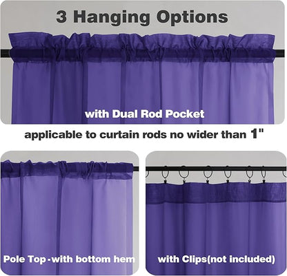 Chyhomenyc Sheer Valances for Windows 2 Packs, 42Wx14L Inches Small Window Valance for Living Room Bathroom Cafe Laundry Basement, Elegant Rod Pocket Voile Valance, Purple
