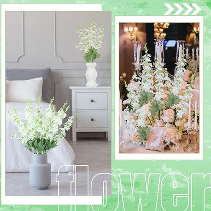 12 Pcs White Delphinium Artificial Flower 35.4'' Long Larkspur Stem White Fake Faux Silk Flowers Bulk for Tall Vase Floral Arrangements Home Centerpiece Table Wedding Decor
