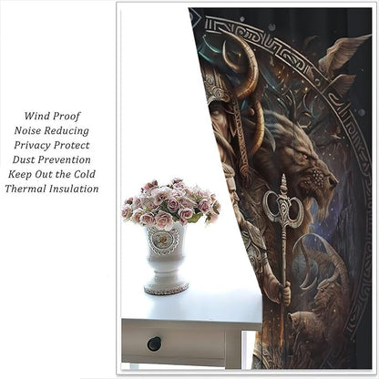 Cool Norse Viking Theme Curtains - Fantasy Ancient Symbols Wildlife Wolf Nordic Vikings Thermal Insulated Blackout Curtains - Rod Pocket Window Treatment Drapes for Bedroom 2 Panels 63L x 27.5W