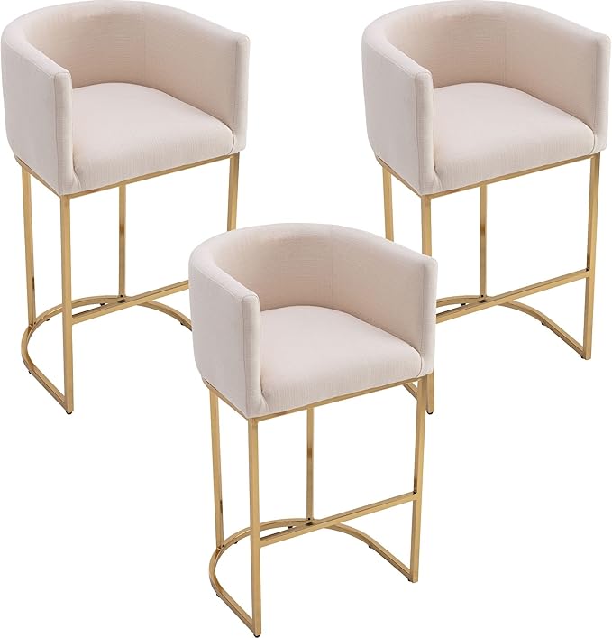 Modern Counter Height Linen Upholstered Bar Stools Set of 3, 32" Kitchen Counter Island Stools Bar Chairs with Gold Metal Frame for Kitchen Island, Cream