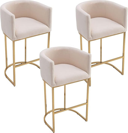 Modern Counter Height Linen Upholstered Bar Stools Set of 3, 32" Kitchen Counter Island Stools Bar Chairs with Gold Metal Frame for Kitchen Island, Cream