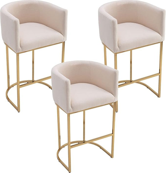 Modern Counter Height Linen Upholstered Bar Stools Set of 3, 32" Kitchen Counter Island Stools Bar Chairs with Gold Metal Frame for Kitchen Island, Cream