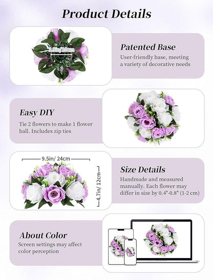 BLOSMON Lilac Flowers Balls for Centerpieces: 10 Pcs Purple White Fake Roses Flower for Wedding Table - Artificial Silk Kissing Bouquet Floral Arrangement Center for Home Party Event Decor