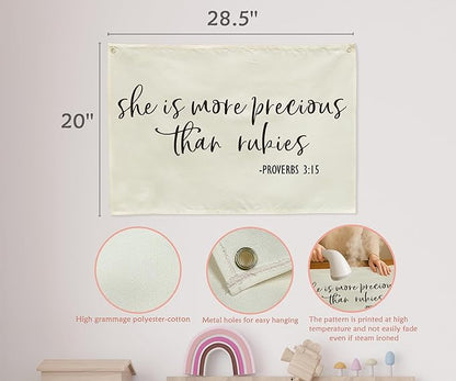 Christian Bible Verse Scripture Rectangular Banner Flag Wall Sign Decor Gift for Baby Girl Women-Nursery Baby Room Bedroom Decor-Baby,Shower Birthday Christmas Gift-She Is More Precious Than Rubies