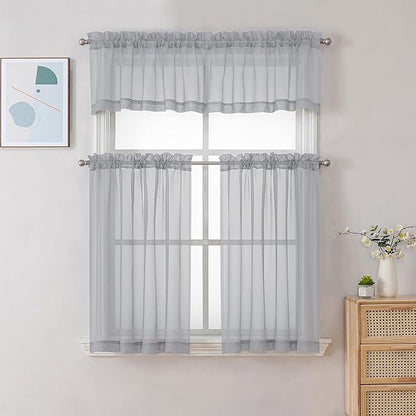 Chyhomenyc Light Grey Sheer Curtains 30 inch Length 2 Panels, Light Filtering Voile Rod Pocket Short Window Curtians for Bathroom Living Room Farmhouse Small Windows, 42Wx30L inches