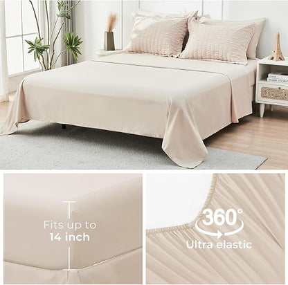 HYMOKEGE Beige King Size Comforter Set Seersucker 7 Pieces, All Season Luxury Bed in a Bag for Bedroom, Bedding Set with Comforters, Sheets, Pillowcases & Shams