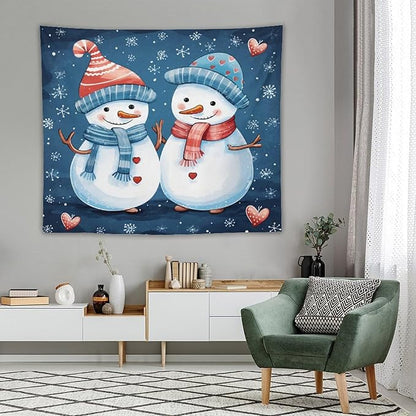 MaSiledy Snowman Couple Tapestries Christmas Winter Snowman Wall Hanging Wall Tapestry Aesthetic Landscape Tapestry Wall Hanging For Room 50"x60" Holiday Scene Banner for Winter Christmas Party