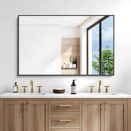 Black Bathroom Mirror for Wall, 55x36 Inch Rectangle Mirrors with Metal Frame, Modern Vanity Wall Mirror Decor for Entryway Hangs, Bathroom Living Room Horizontal or Vertical