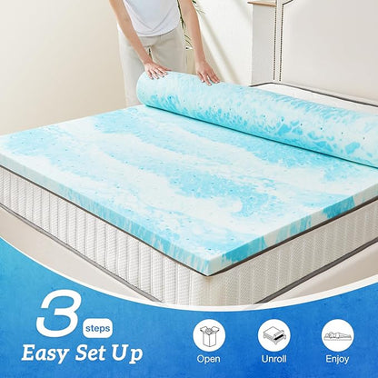 Sweetcrispy Mattress Topper Queen, 3 Inch Thick Memory Foam Gel Infused Cooling Toppers Pad for Queen Size Bed, Sleeper Sofa, RV, Camper, CertiPUR US Certified, Ventilated and Breathable, Blue
