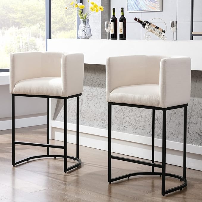Modern Counter Height Linen Upholstered Bar Stools Set of 2, 29" Kitchen Counter Island Stools Bar Chairs with Black Metal Frame for Kitchen Island, Cream