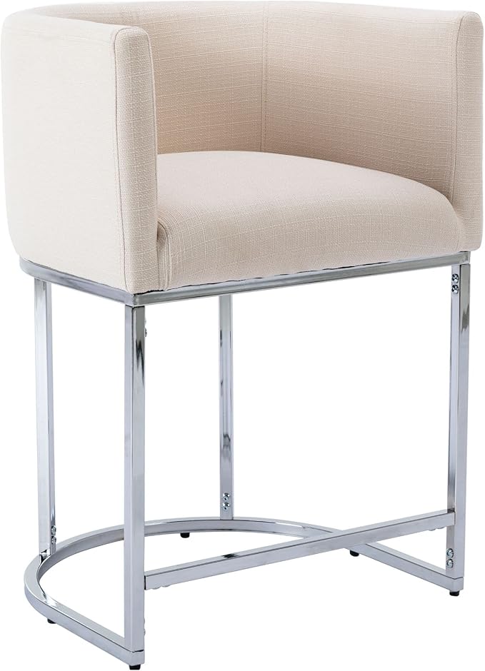 Modern Counter Height Linen Upholstered Bar Stool, 24" Kitchen Counter Island Stool Bar Chairs with Chrome Finish Metal Frame for Kitchen Island, Cream