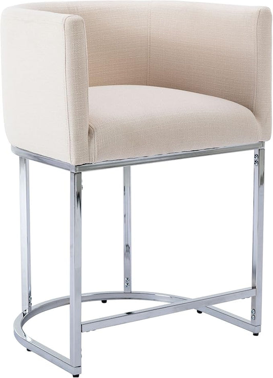Modern Counter Height Linen Upholstered Bar Stool, 24" Kitchen Counter Island Stool Bar Chairs with Chrome Finish Metal Frame for Kitchen Island, Cream