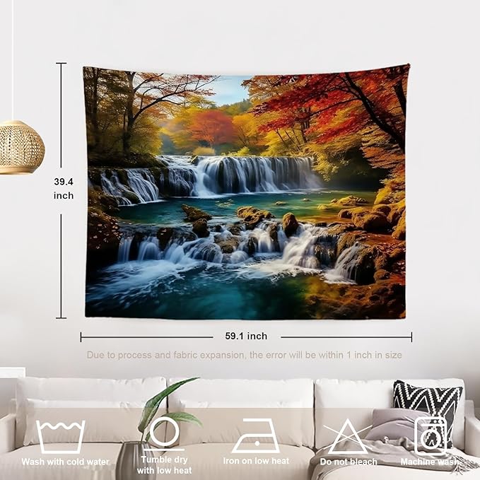 Batmerry Autumn Forest Tapestry, Waterfall At Red Autumn Forest Wall Art Hanging Decoration Polyester Fiber White Ruffled Around for Dorm Room Bedroom Living Room, 39.1x59.1 inches