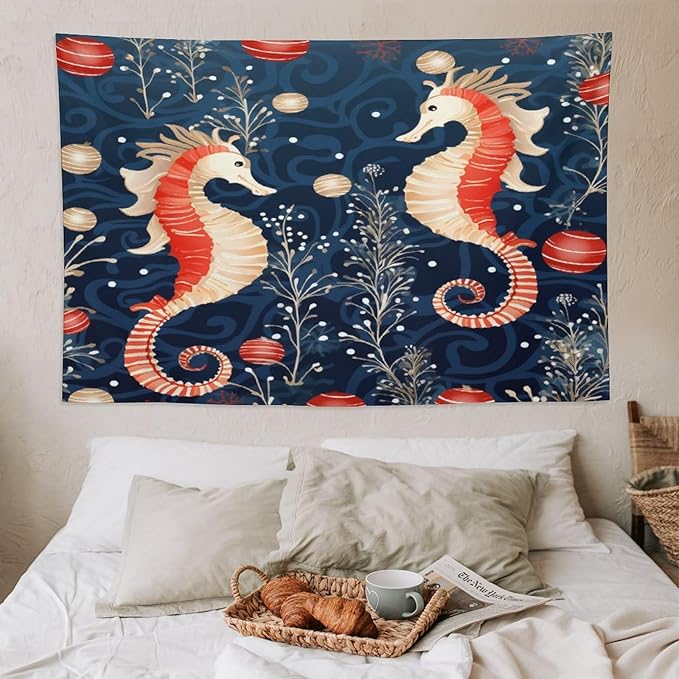 Tapestry Seahorse Christmas Kiss Beach Aesthetic Bedroom Tapestries Ocean Coastal Beach Wall Tapestries Home Decoration for Bedroom Living Room Dorm Landscape 60"x90" Christmas Family Party